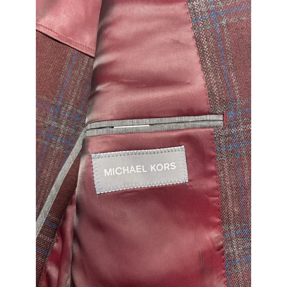 Michael Kors 38R Burgundy Gray Plaid Blazer Jacket Flannel Wool Sport Suit Coat